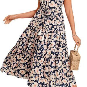 Womens Summer Floral Midi Dresses Short Sleeve Beach Wedding Guest Dress Drawstr